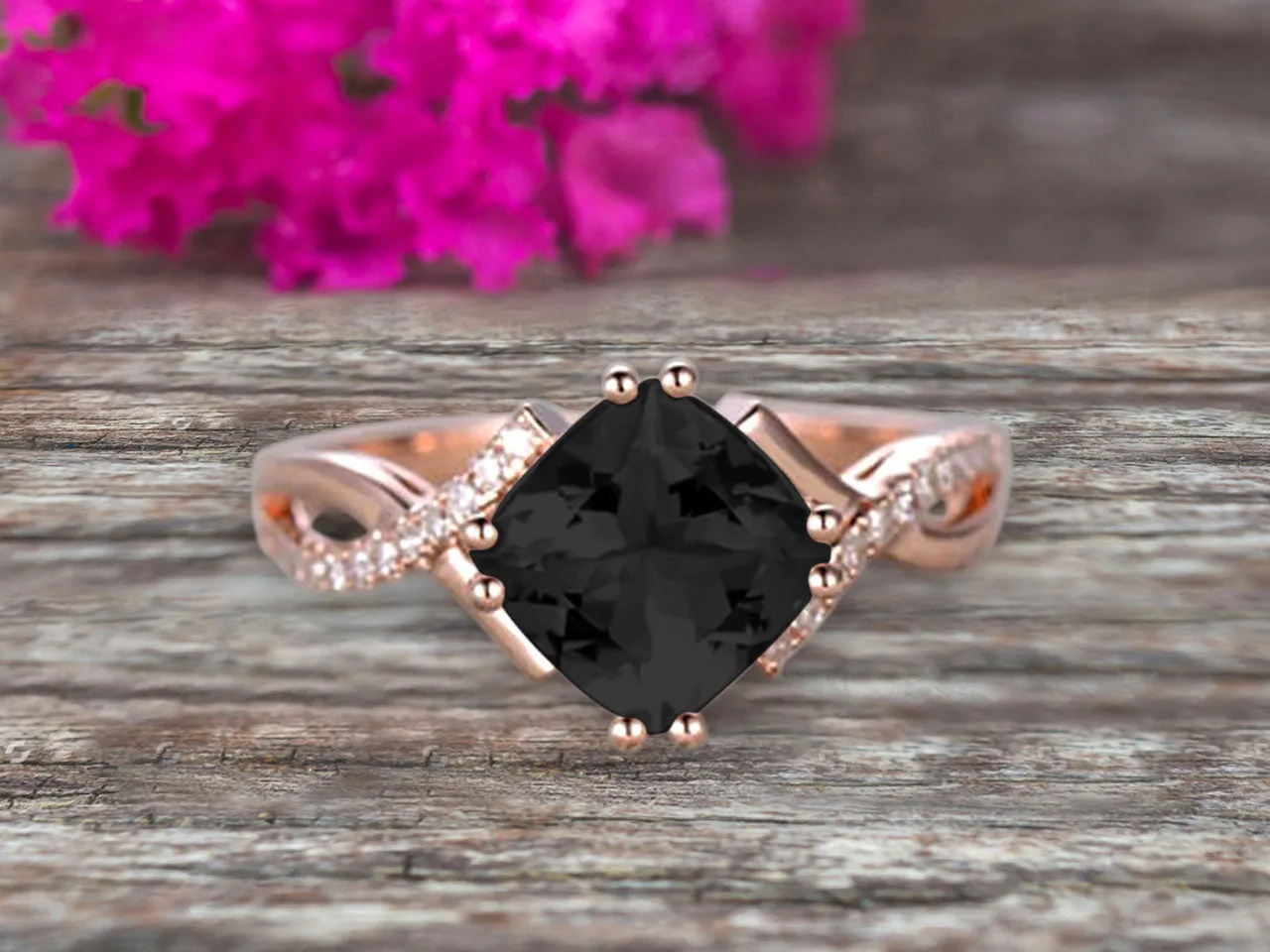 1.25 Carat Cushion Cut Black Diamond Moissanite Engagement Ring Infinity Twisted Curved Promise Ring On 10k Rose Gold