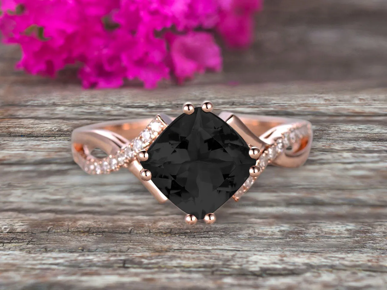 1.25 Carat Cushion Cut Black Diamond Moissanite Engagement Ring Infinity Twisted Curved Promise Ring On 10k Rose Gold