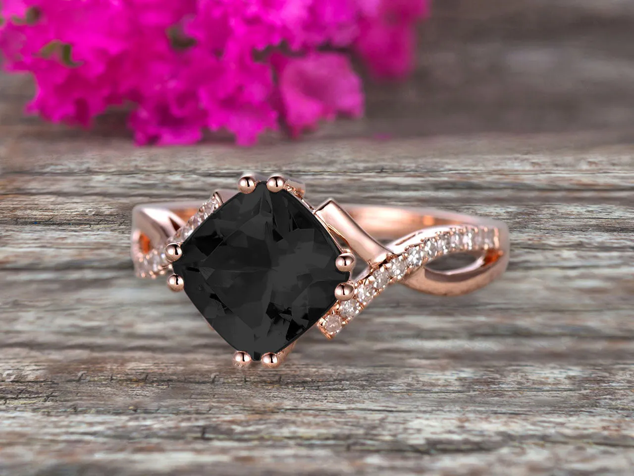 1.25 Carat Cushion Cut Black Diamond Moissanite Engagement Ring Infinity Twisted Curved Promise Ring On 10k Rose Gold