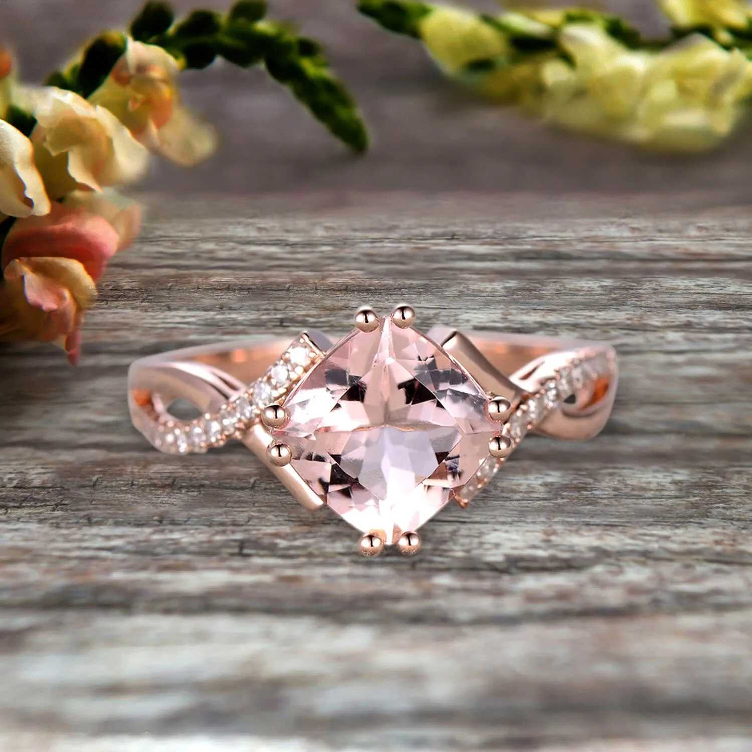 1.25 Carat Cushion Cut Morganite Engagement Ring Infinity Twisted Curved Promise Ring On 10k Rose Gold