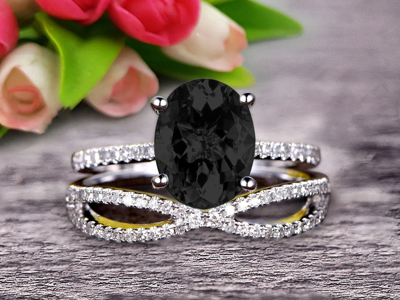 1.5 Carat Oval Shape Black Diamond Moissanite Engagement Ring Bridal Ring 10k White Gold Curved Loop Infinity Matching Band