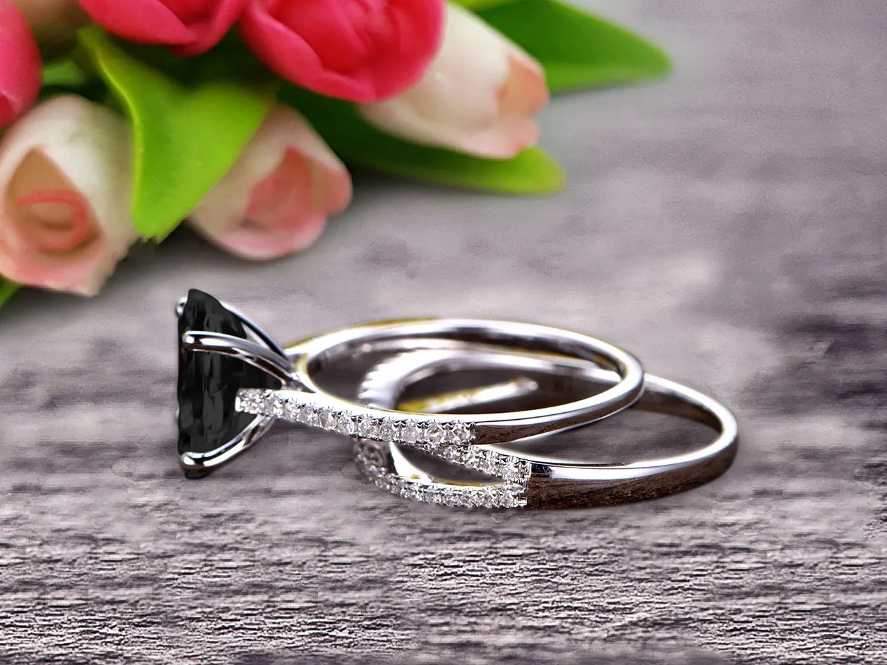 1.5 Carat Oval Shape Black Diamond Moissanite Engagement Ring Bridal Ring 10k White Gold Curved Loop Infinity Matching Band