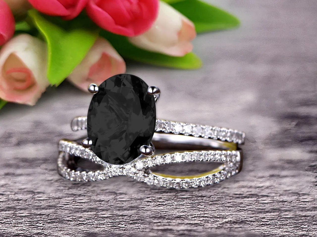 1.5 Carat Oval Shape Black Diamond Moissanite Engagement Ring Bridal Ring 10k White Gold Curved Loop Infinity Matching Band