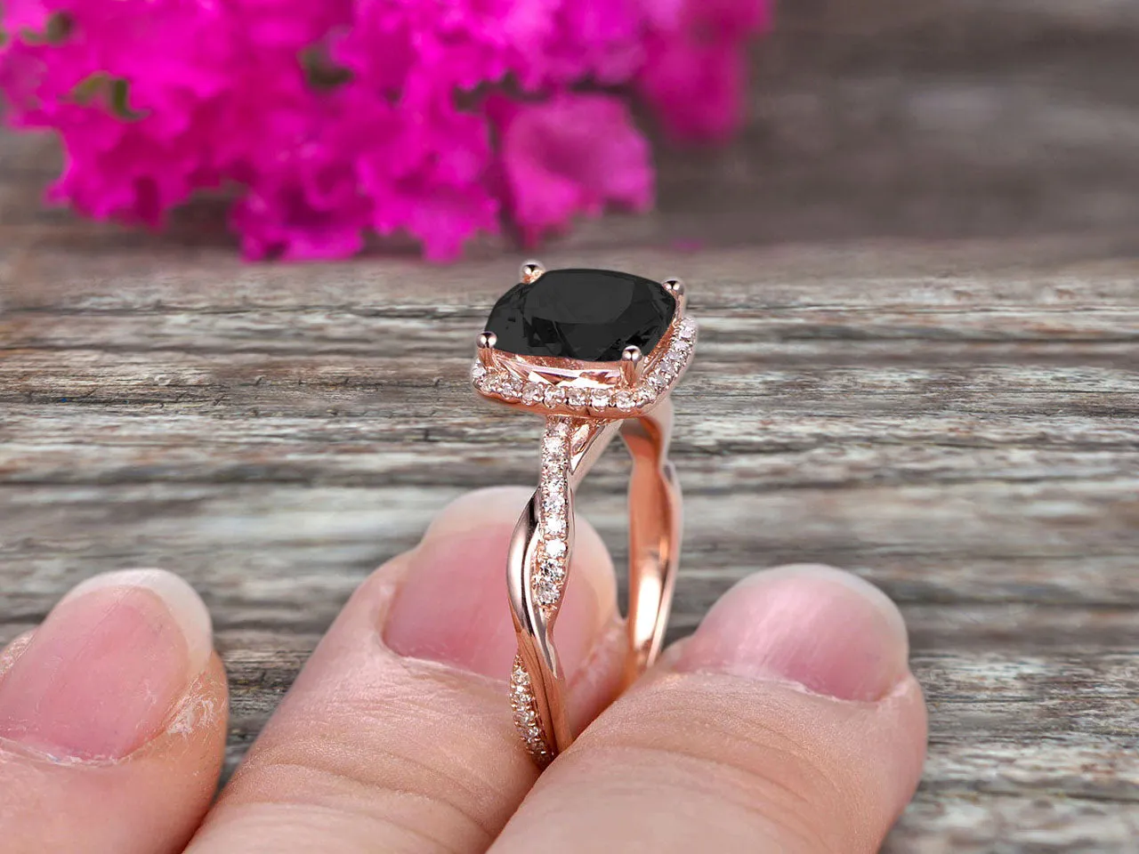 1.50 Carat Cushion Cut Black Diamond Moissanite Engagement Ring Infinity Twisted Halo Stacking Band Promise Ring 10k Rose Gold