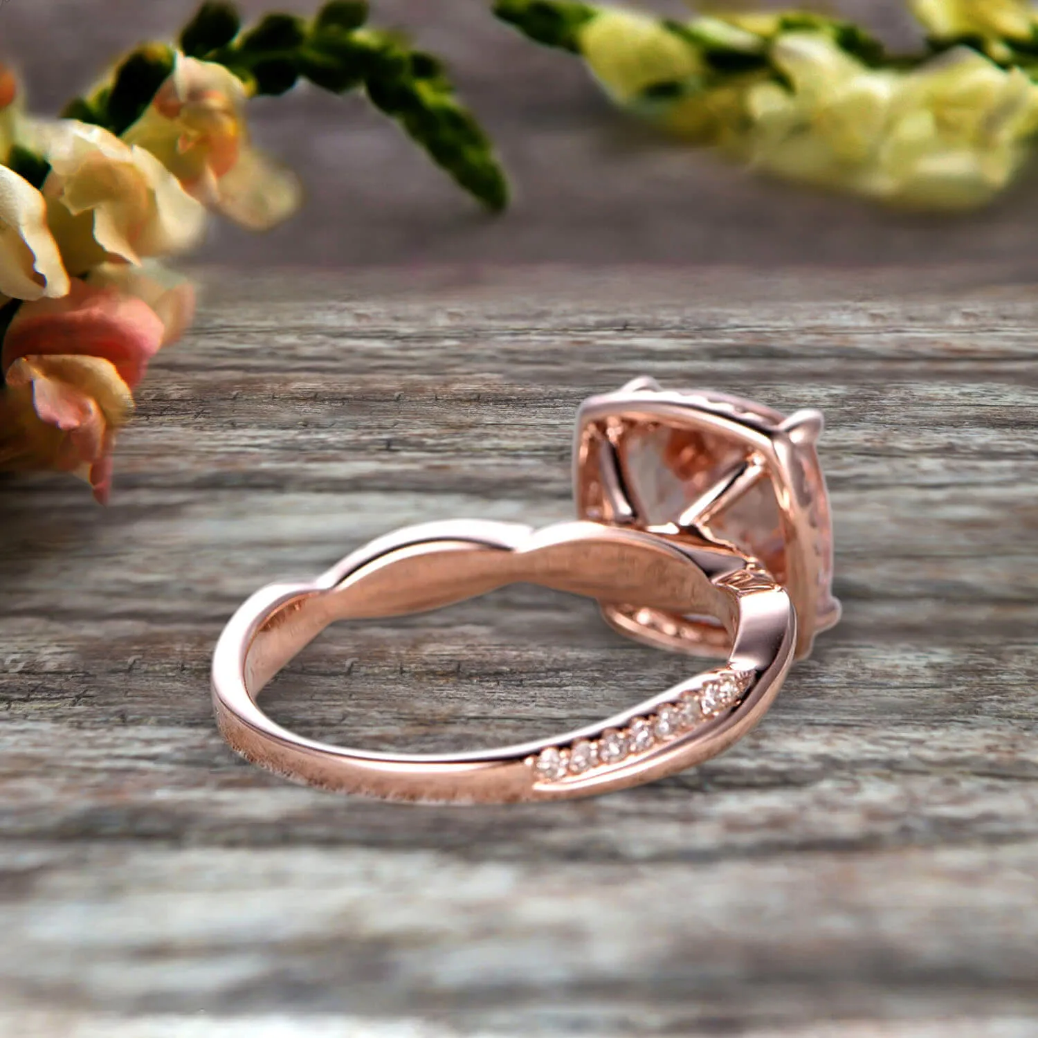 1.50 Carat Cushion Cut Morganite Engagement Ring Infinity Twisted Halo Stacking Band Promise Ring 10k Rose Gold