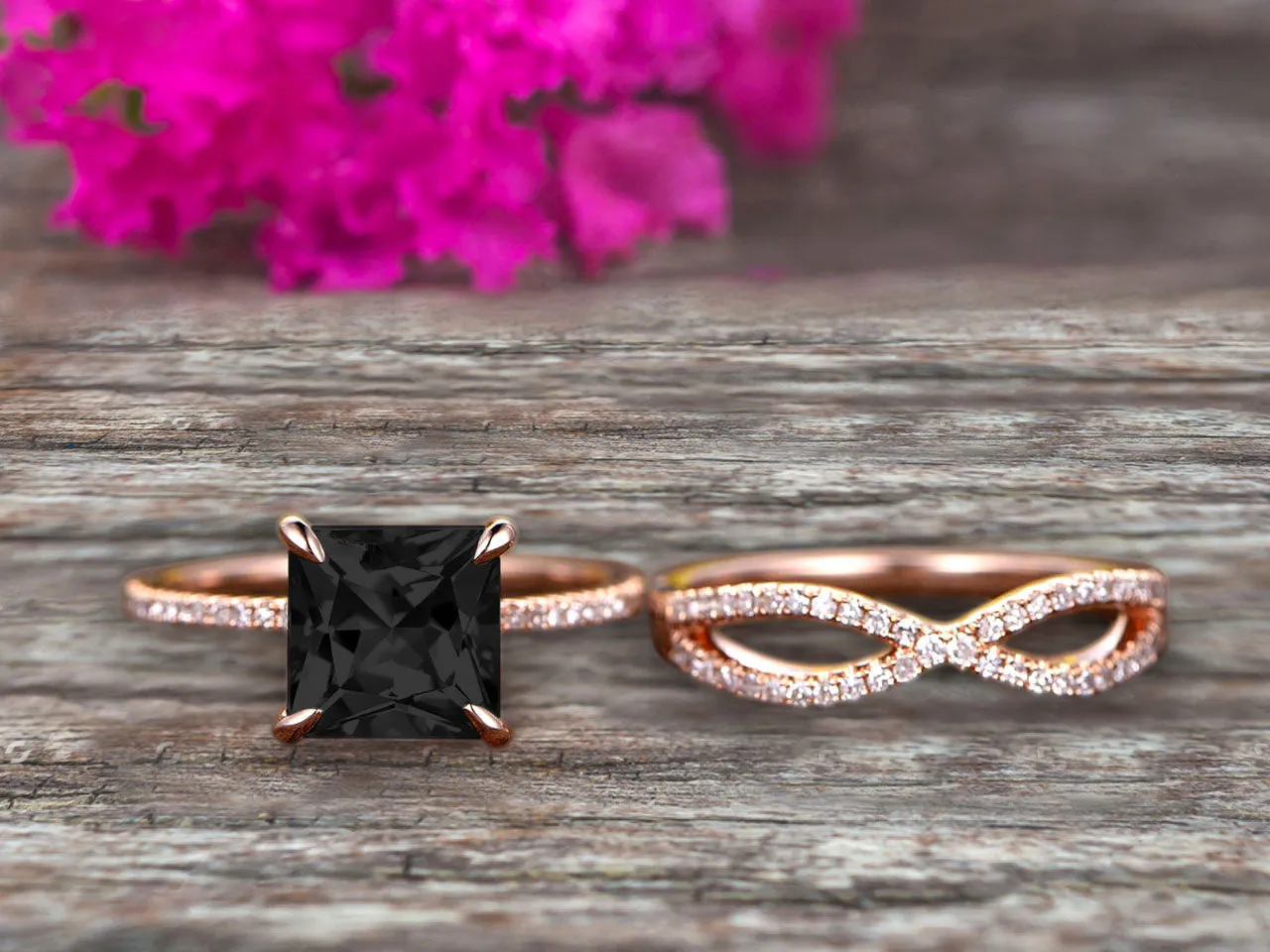 1.75 Carat VS Black Diamond Moissanite Wedding Ring Set Princess Cut 10k Rose Gold Engagement Ring Bridal Ring Loop Infinity Stacking Matching Band Staggering Shining Vintage Look