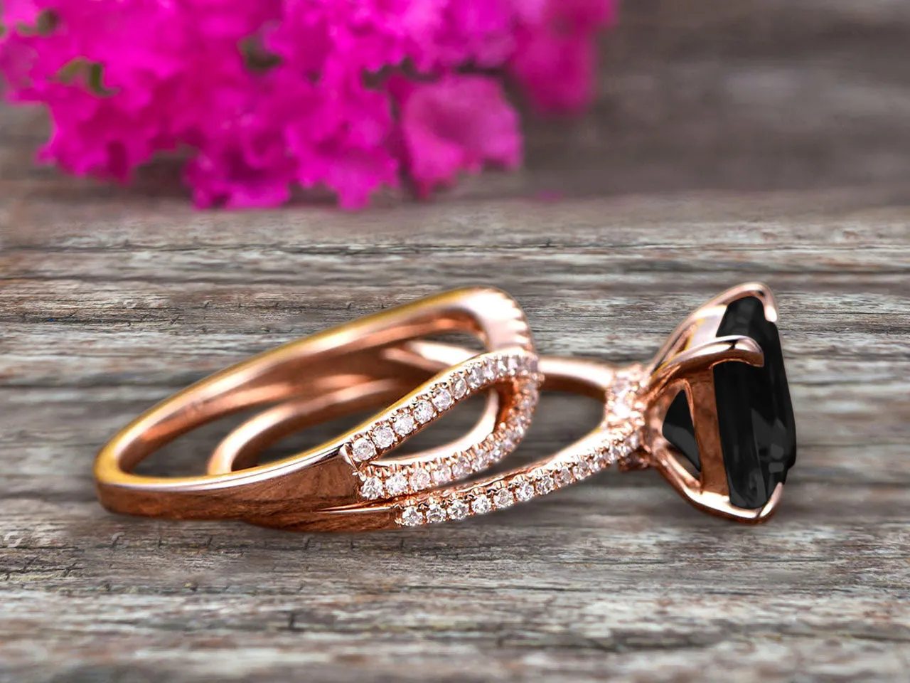 1.75 Carat VS Black Diamond Moissanite Wedding Ring Set Princess Cut 10k Rose Gold Engagement Ring Bridal Ring Loop Infinity Stacking Matching Band Staggering Shining Vintage Look