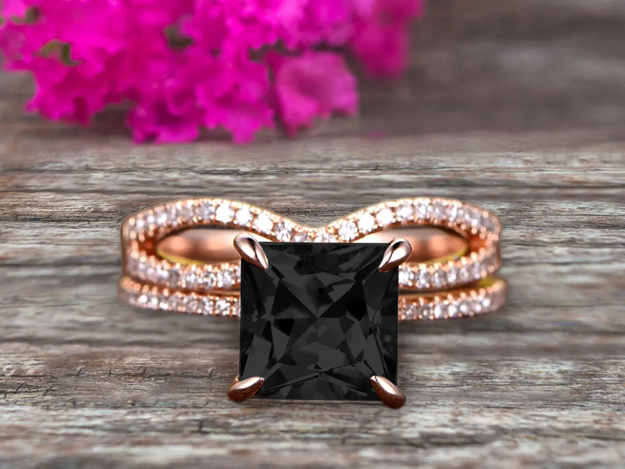 1.75 Carat VS Black Diamond Moissanite Wedding Ring Set Princess Cut 10k Rose Gold Engagement Ring Bridal Ring Loop Infinity Stacking Matching Band Staggering Shining Vintage Look