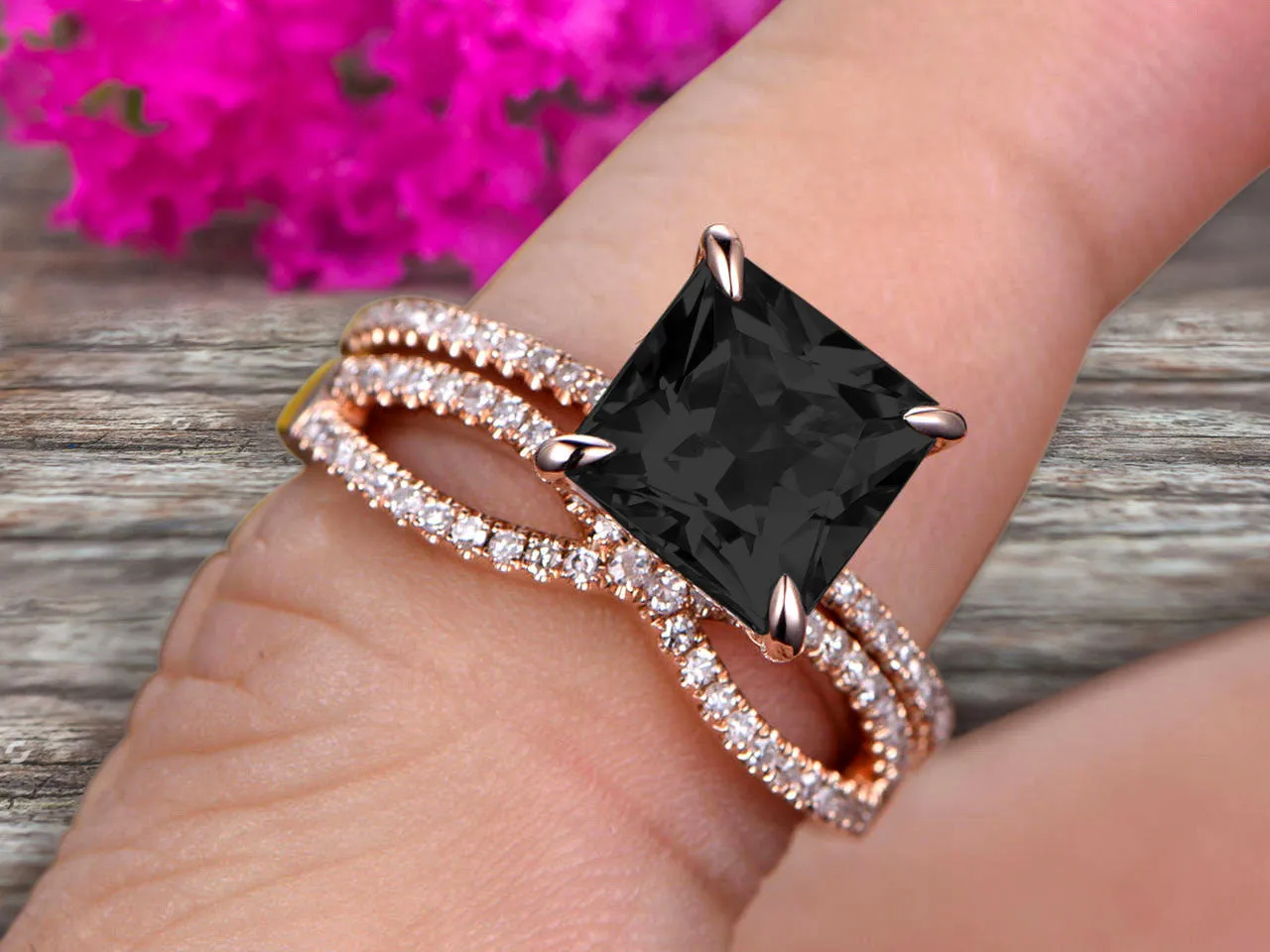 1.75 Carat VS Black Diamond Moissanite Wedding Ring Set Princess Cut 10k Rose Gold Engagement Ring Bridal Ring Loop Infinity Stacking Matching Band Staggering Shining Vintage Look