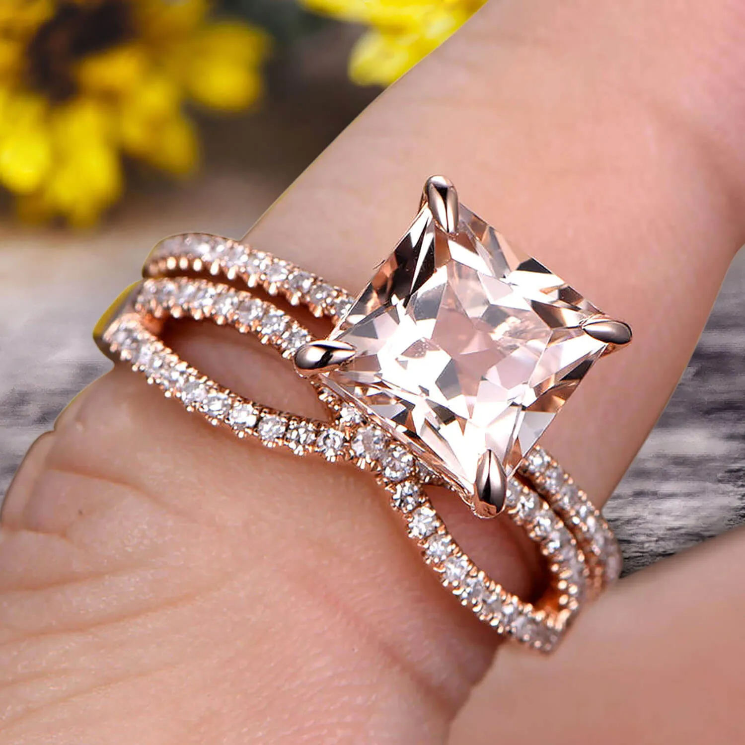 1.75 Carat VS Morganite Wedding Ring Set Princess Cut 10k Rose Gold Engagement Ring Bridal Ring Loop Infinity Stacking Matching Band Staggering Shining Vintage Look