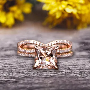 1.75 Carat VS Morganite Wedding Ring Set Princess Cut 10k Rose Gold Engagement Ring Bridal Ring Loop Infinity Stacking Matching Band Staggering Shining Vintage Look