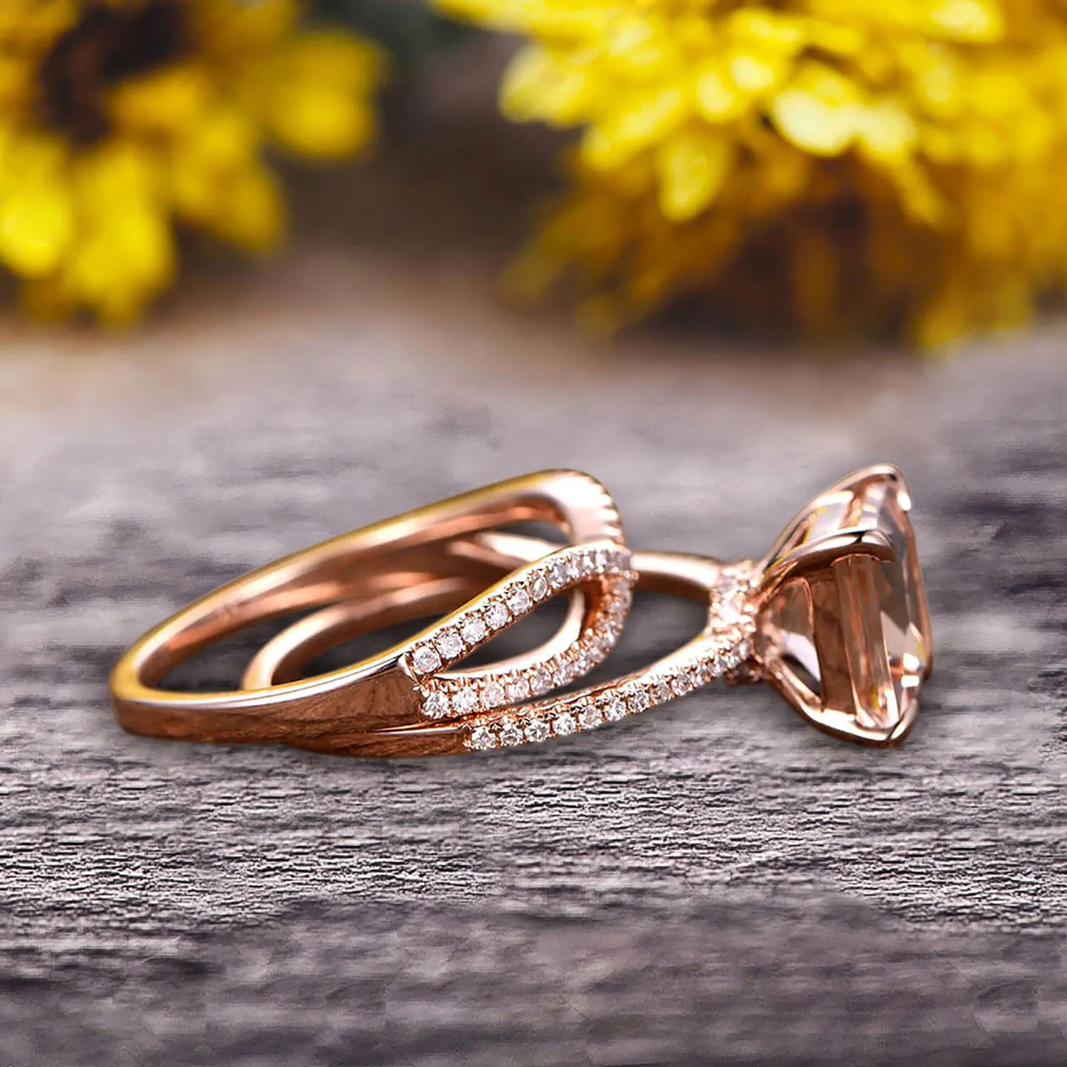 1.75 Carat VS Morganite Wedding Ring Set Princess Cut 10k Rose Gold Engagement Ring Bridal Ring Loop Infinity Stacking Matching Band Staggering Shining Vintage Look