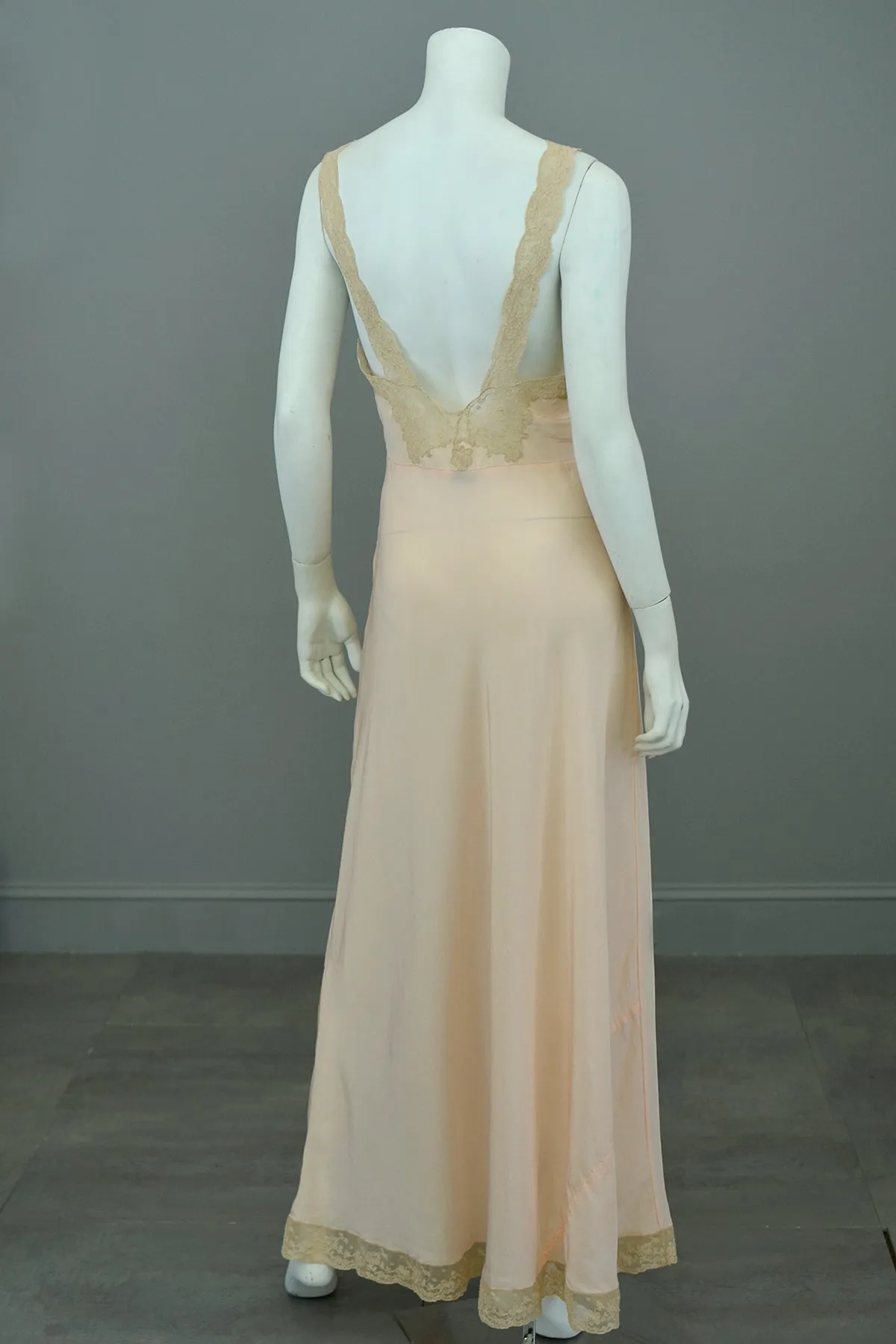 1930s Pure Peach Silk with Ecru Lace Bodice Hollywood Glam Slip Dress Gown