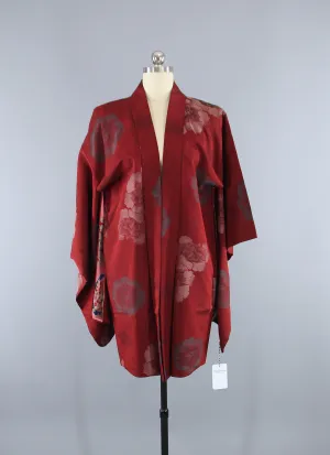 1930s Vintage Silk Haori Kimono Jacket Cardigan / Brick Red Omeshi Metallic Floral