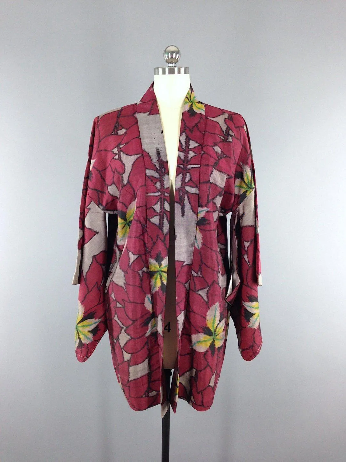 1930s Vintage Silk Haori Kimono Jacket / IKAT Red Grey Floral