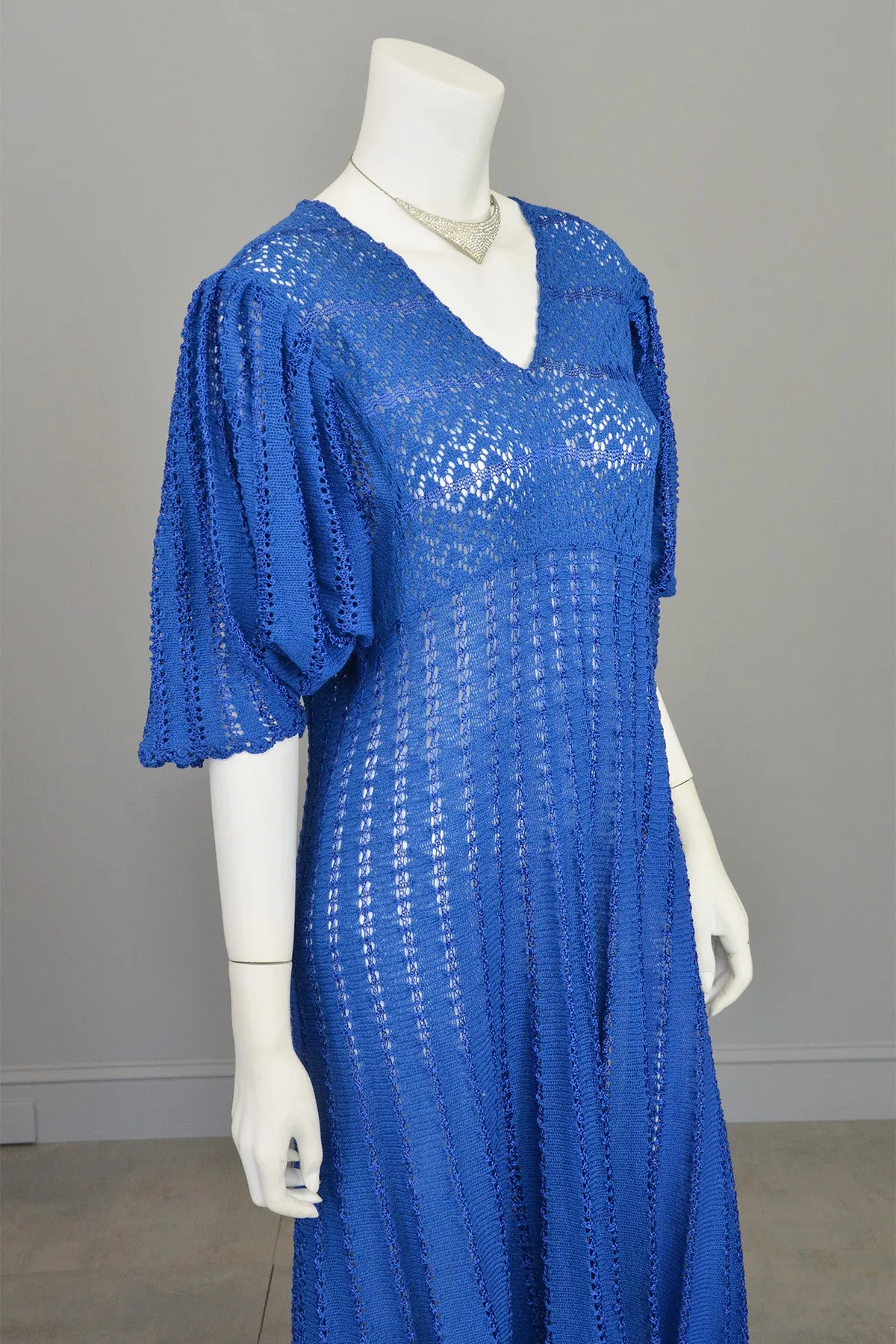 1970s Vibrant Blue Knit Crochet Dress Draping Angel Sleeves