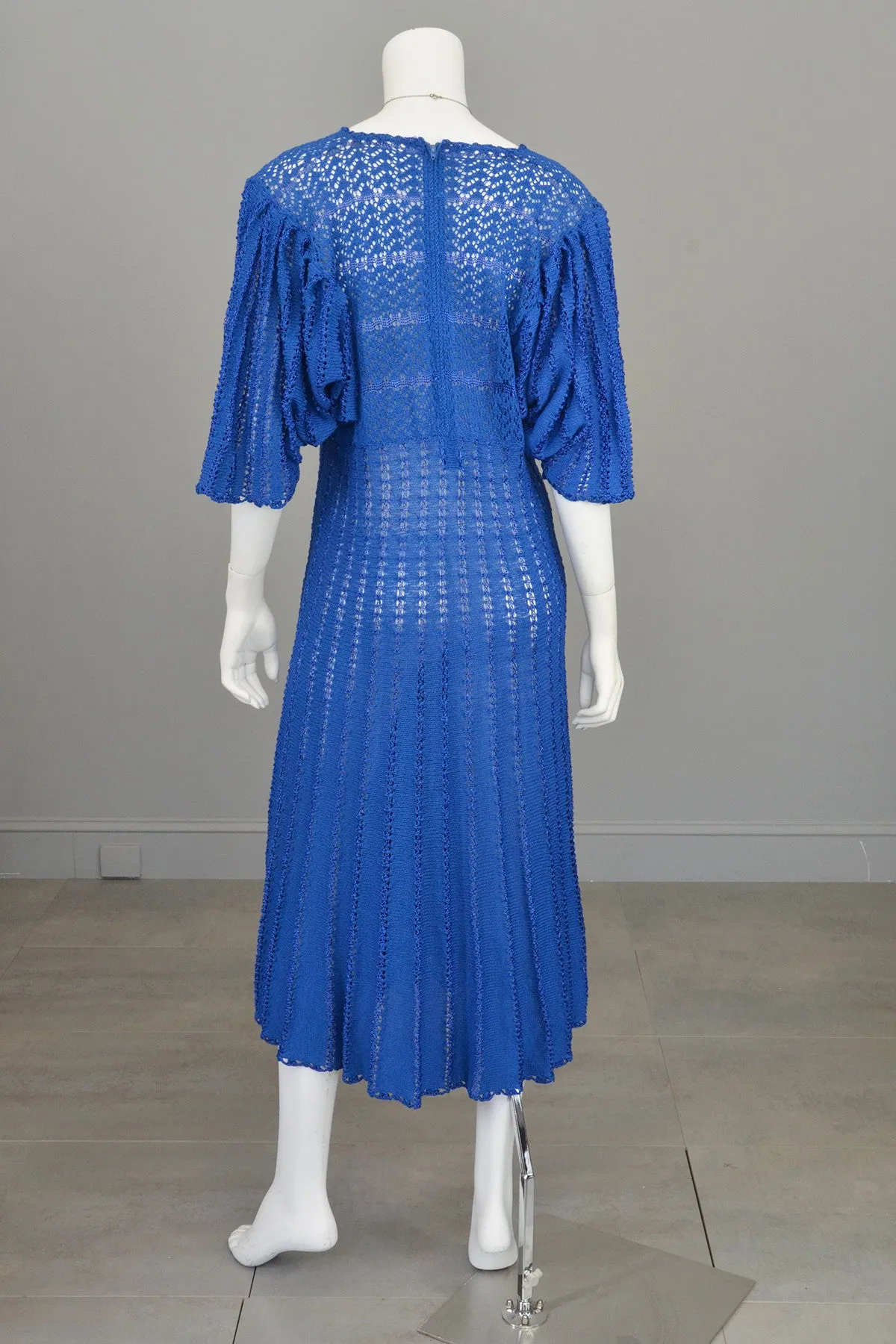 1970s Vibrant Blue Knit Crochet Dress Draping Angel Sleeves