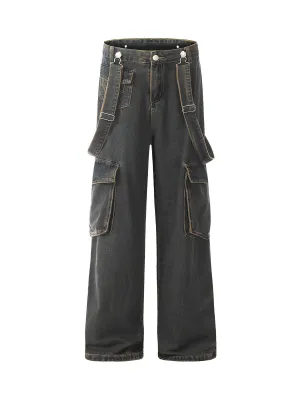 1984 Retro Detachable Strap Multi-Pocket Jeans