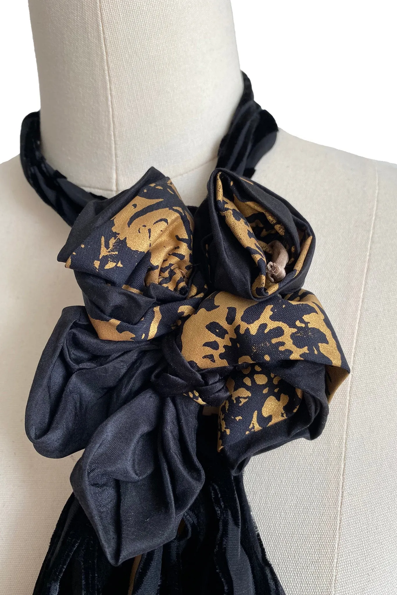 Adriana Silk Bolo Scarf - Black & Gold Printed Flower w/ Black Velvet Tie