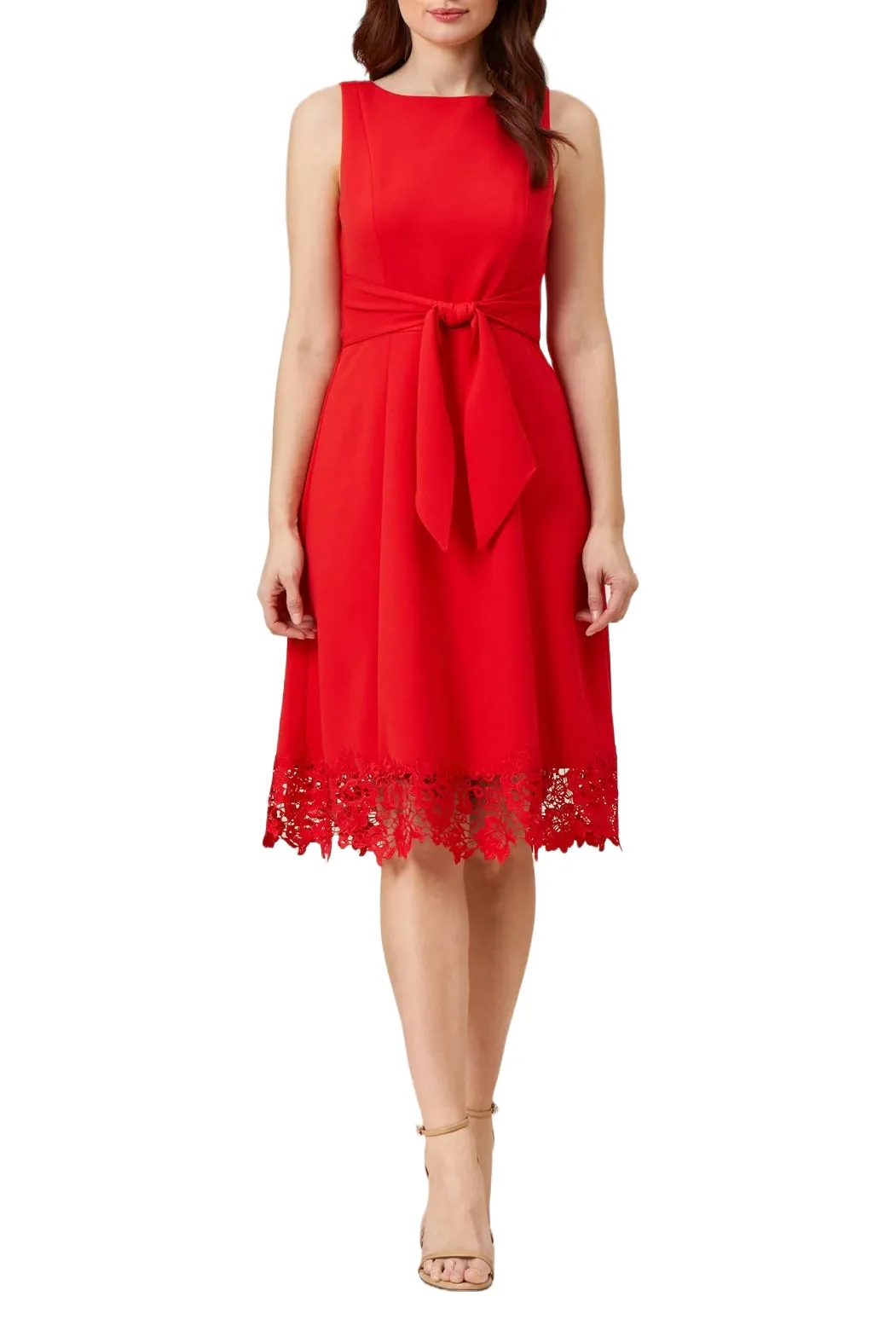 Adrianna Papell Stretch Knit Crepe Midi-Length Fit-And-Flare Crepe Dress with Lace Trim