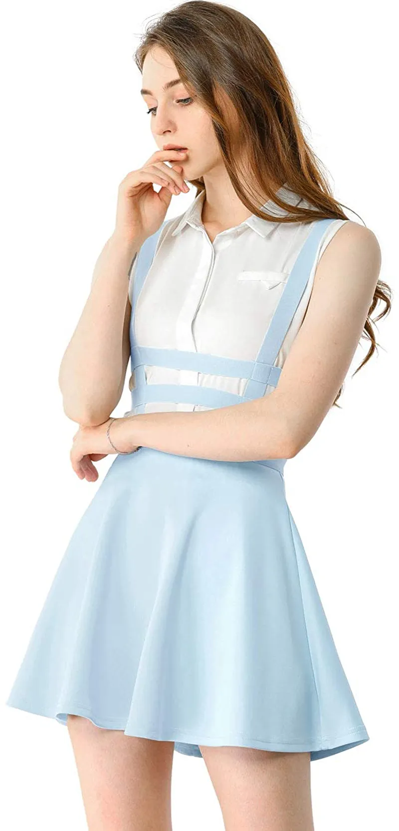 Allegra K Women's Pleated A-Line Elastic Waist Kawaii Braces Mini Suspender Skirt