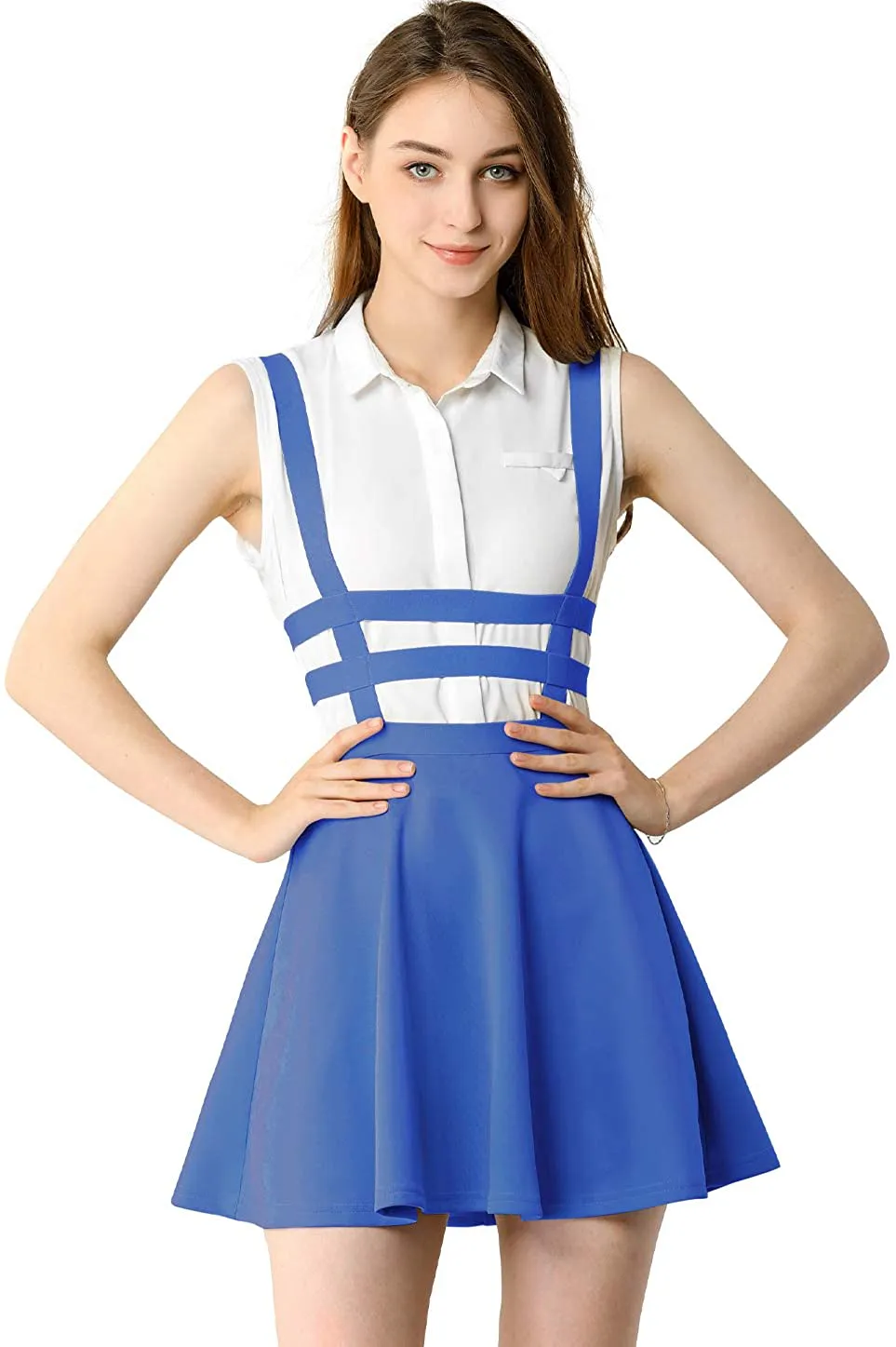 Allegra K Women's Pleated A-Line Elastic Waist Kawaii Braces Mini Suspender Skirt