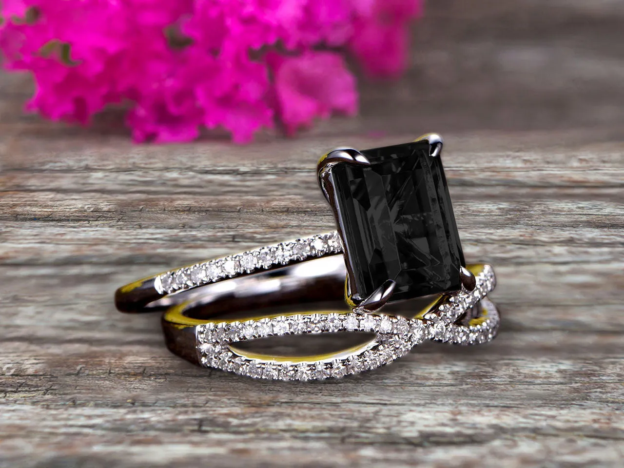 Art Deco 1.75 Carat Emerald Cut Black Diamond Moissanite Wedding Set 10k White Gold Bridal Ring Loop Infinity Stacking Matching Band