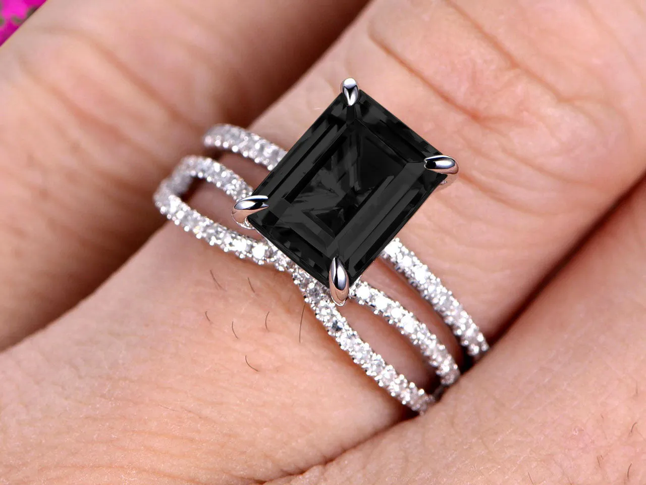 Art Deco 1.75 Carat Emerald Cut Black Diamond Moissanite Wedding Set 10k White Gold Bridal Ring Loop Infinity Stacking Matching Band