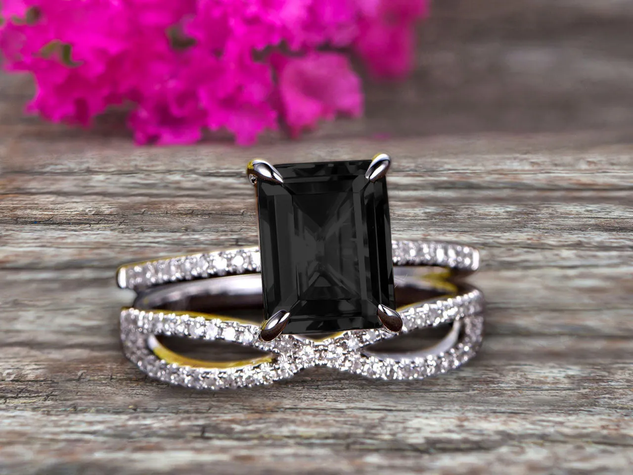 Art Deco 1.75 Carat Emerald Cut Black Diamond Moissanite Wedding Set 10k White Gold Bridal Ring Loop Infinity Stacking Matching Band