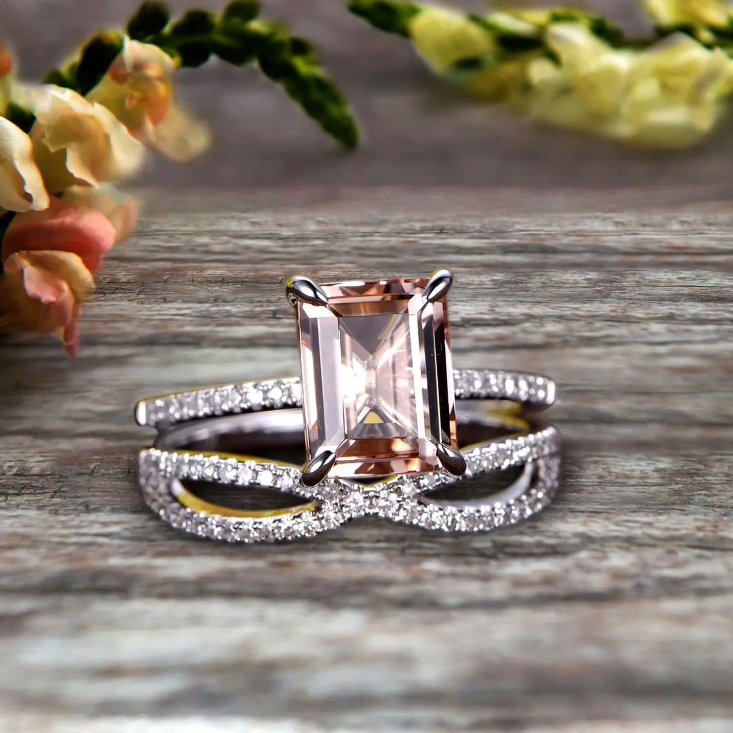 Art Deco 1.75 Carat Emerald Cut Morganite Wedding Set 10k White Gold Bridal Ring Loop Infinity Stacking Matching Band