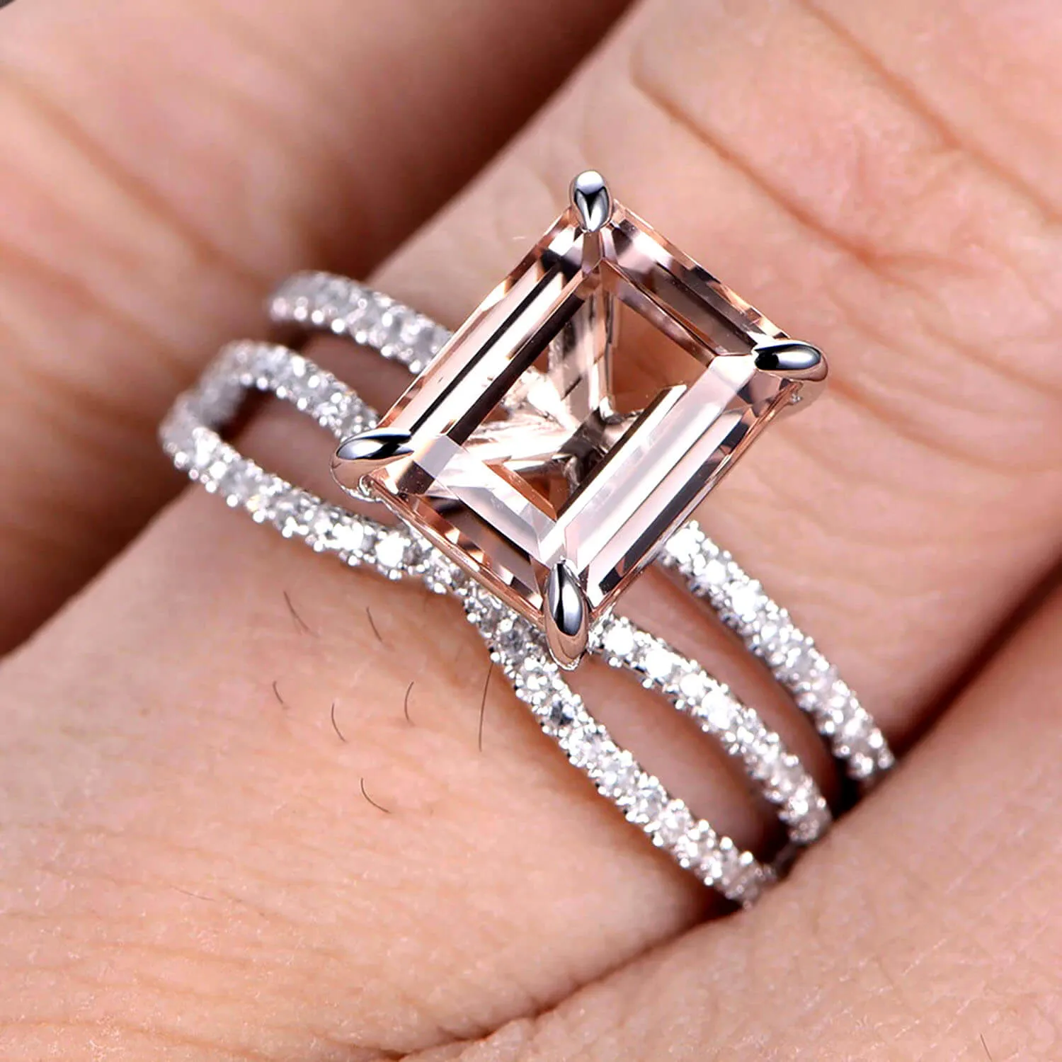 Art Deco 1.75 Carat Emerald Cut Morganite Wedding Set 10k White Gold Bridal Ring Loop Infinity Stacking Matching Band