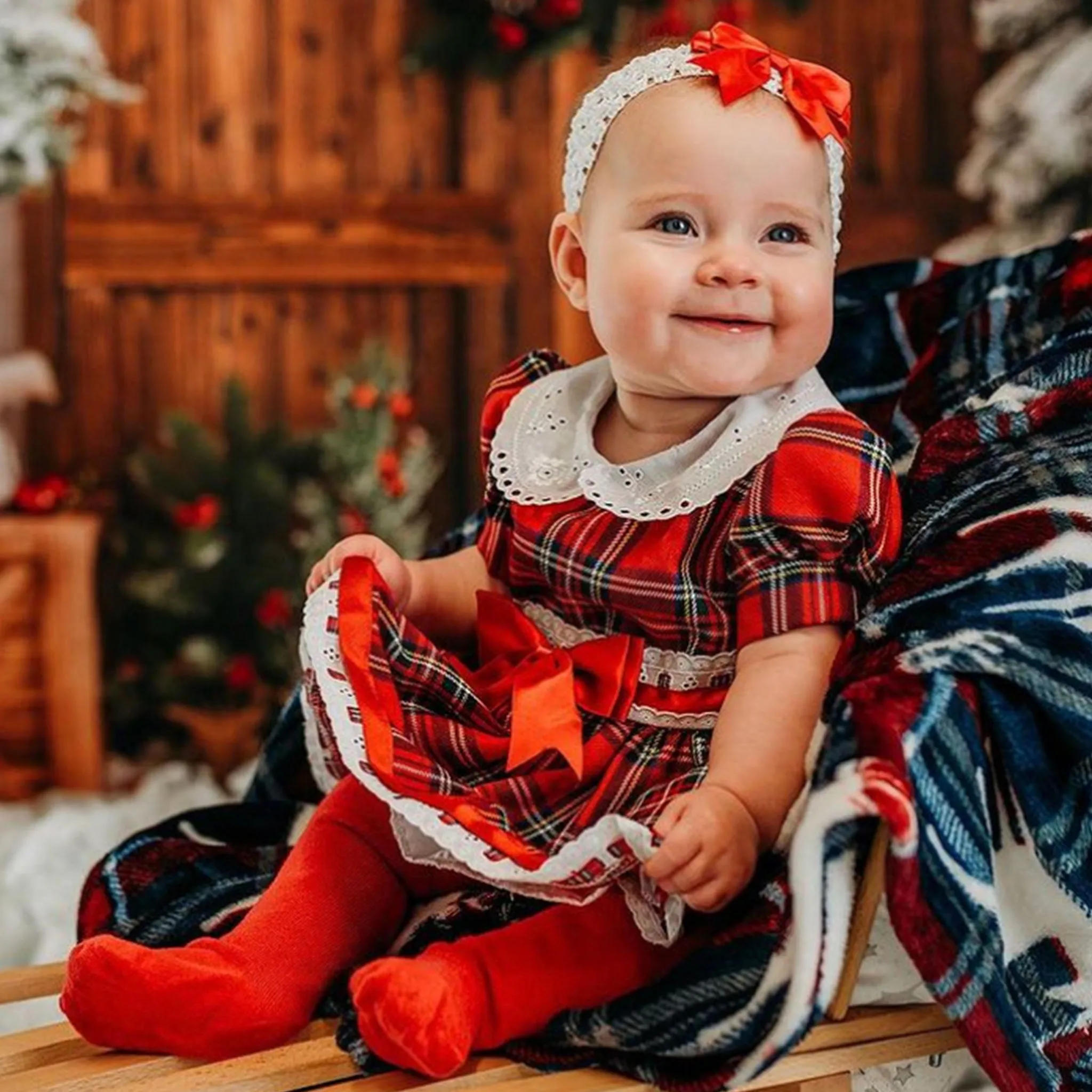 Baby Girls Slotted Red Tartan Dress with Red bows