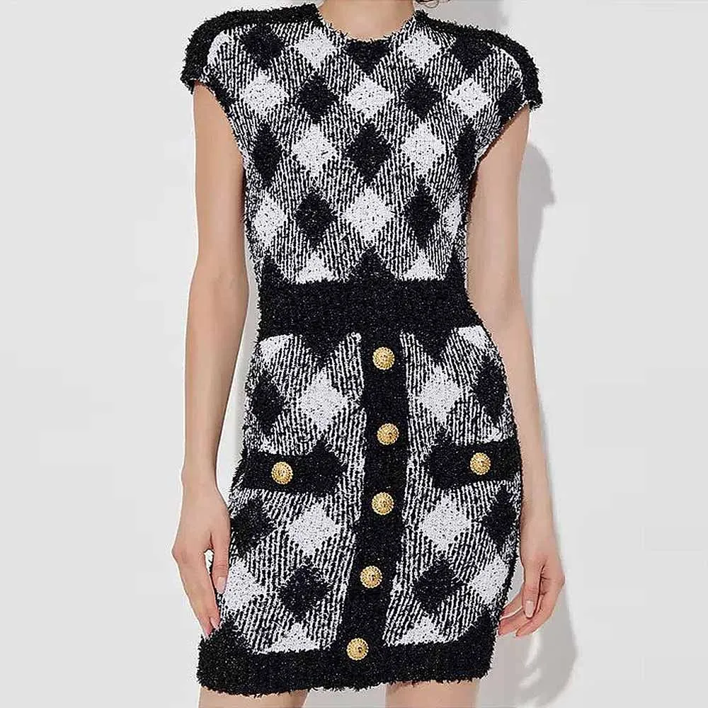 Black and White Buttoned Embellished Minidress Knitted Skirt Suit