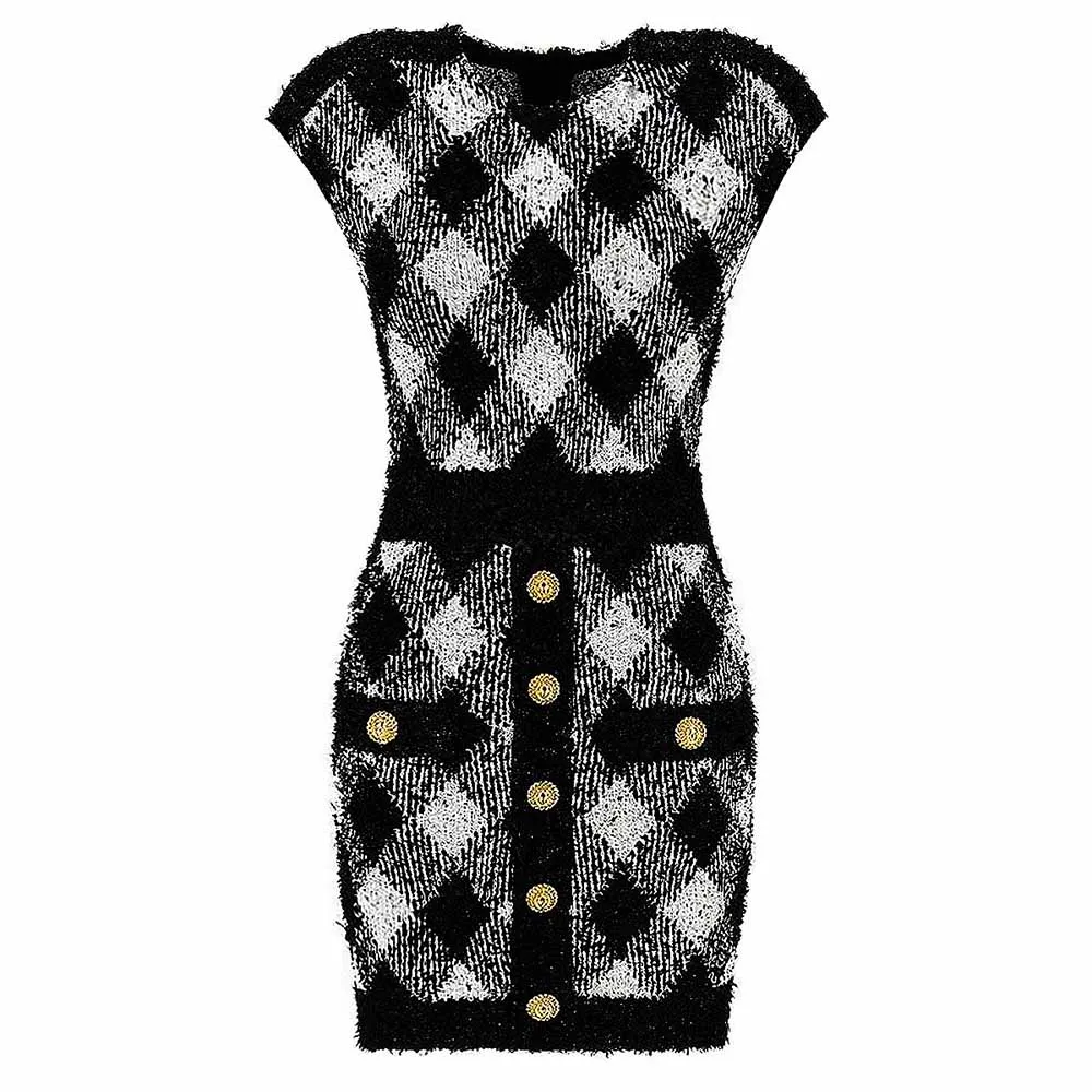 Black and White Buttoned Embellished Minidress Knitted Skirt Suit