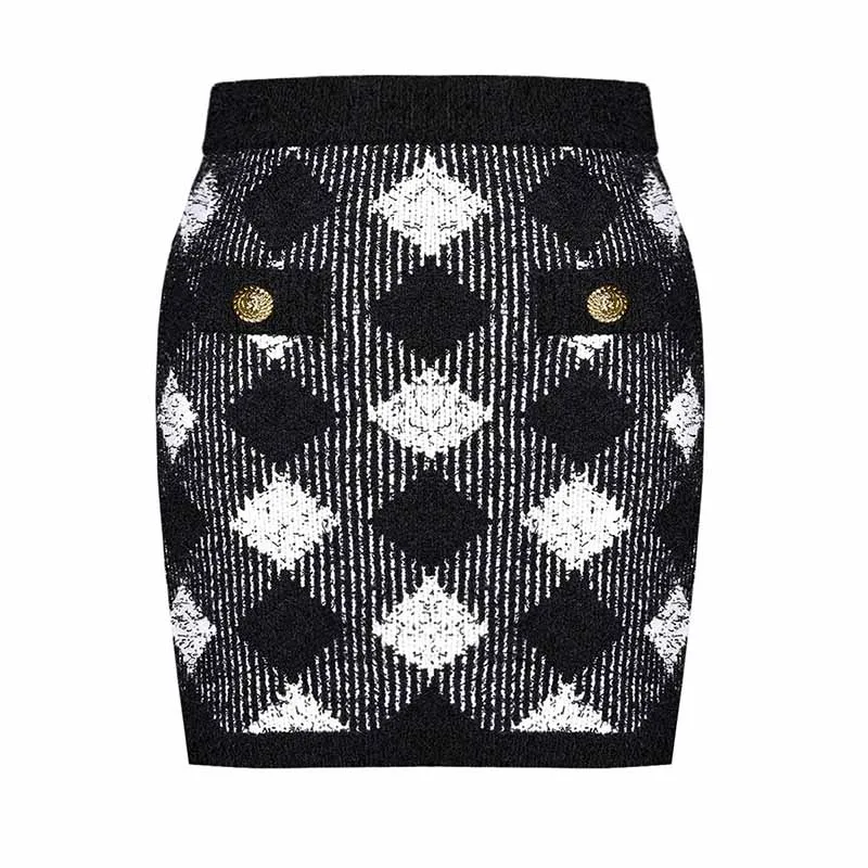 Black and White Buttoned Embellished Minidress Knitted Skirt Suit