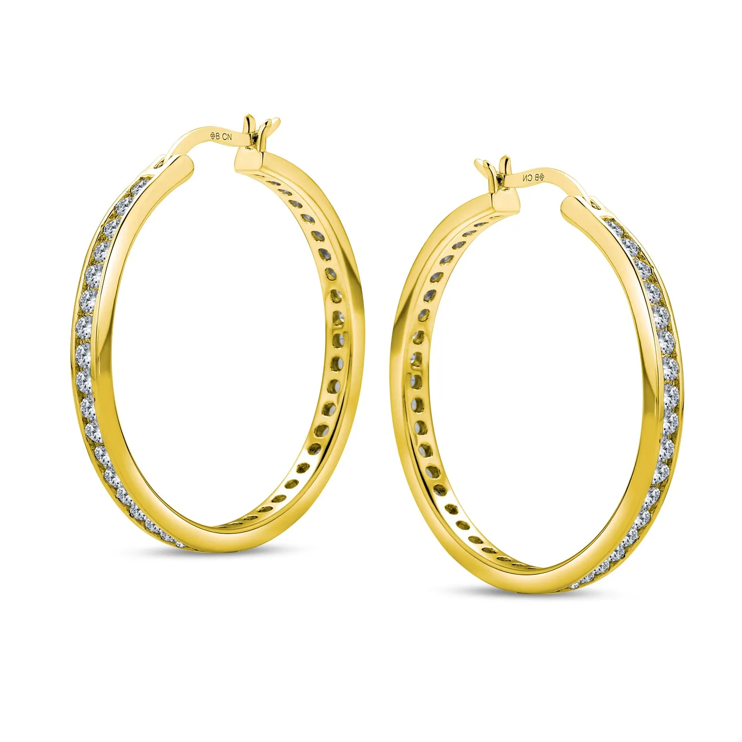 Black Clear Bridal Pave AAA CZ Big Hoop Earrings Gold .925 Silver