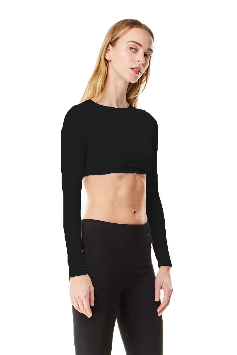 Black Microfiber Long Sleeve Cropped Layering Top Shell