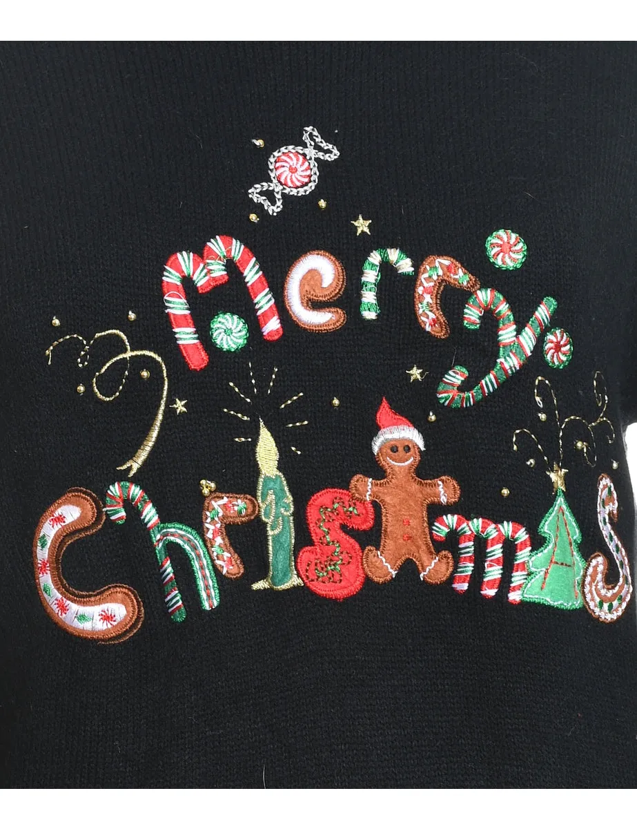 Black Sequined & Embroidered Christmas Jumper - L