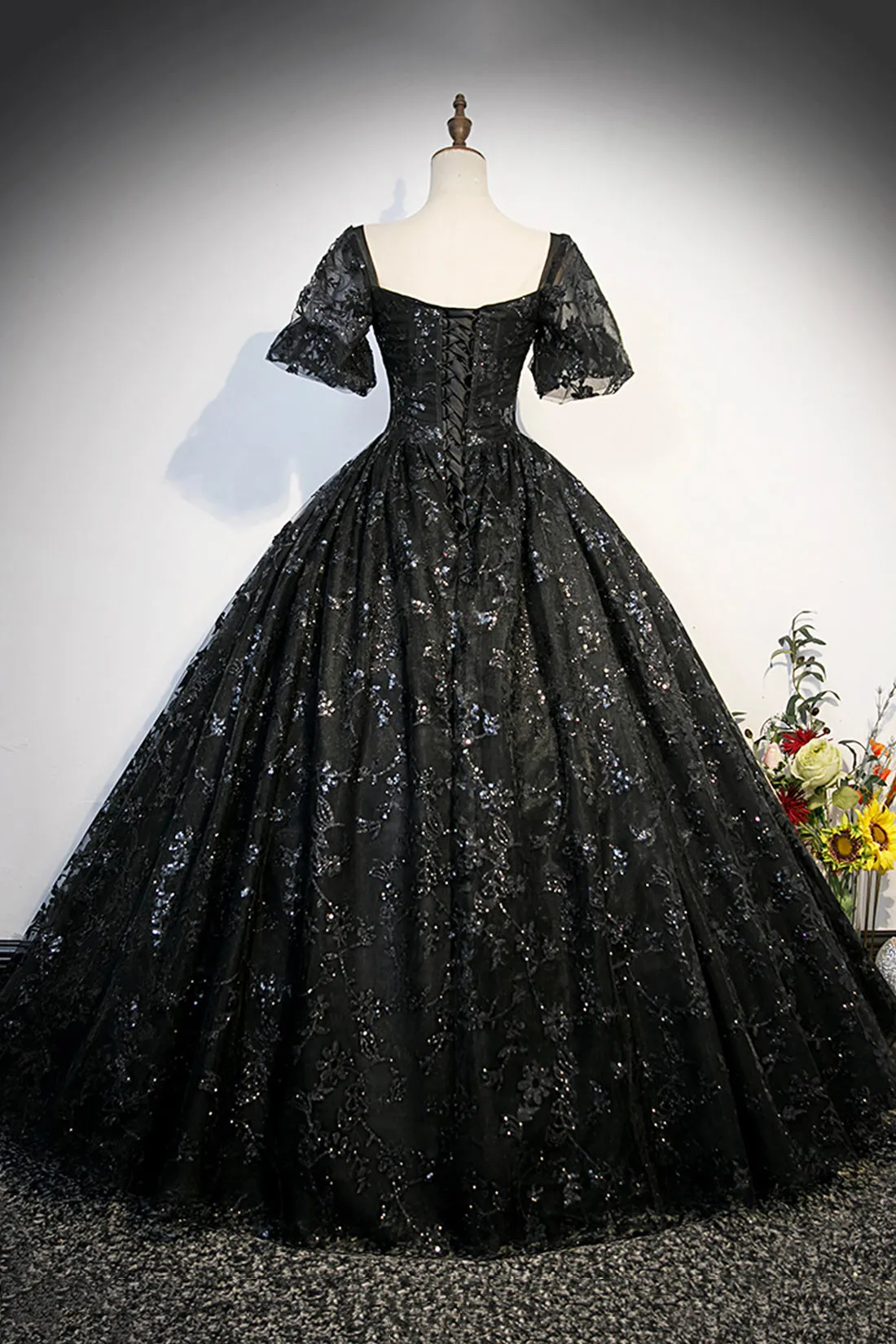 Black Tulle Sequins Long Prom Dress, A-Line Short Sleeve Formal Evening Gown