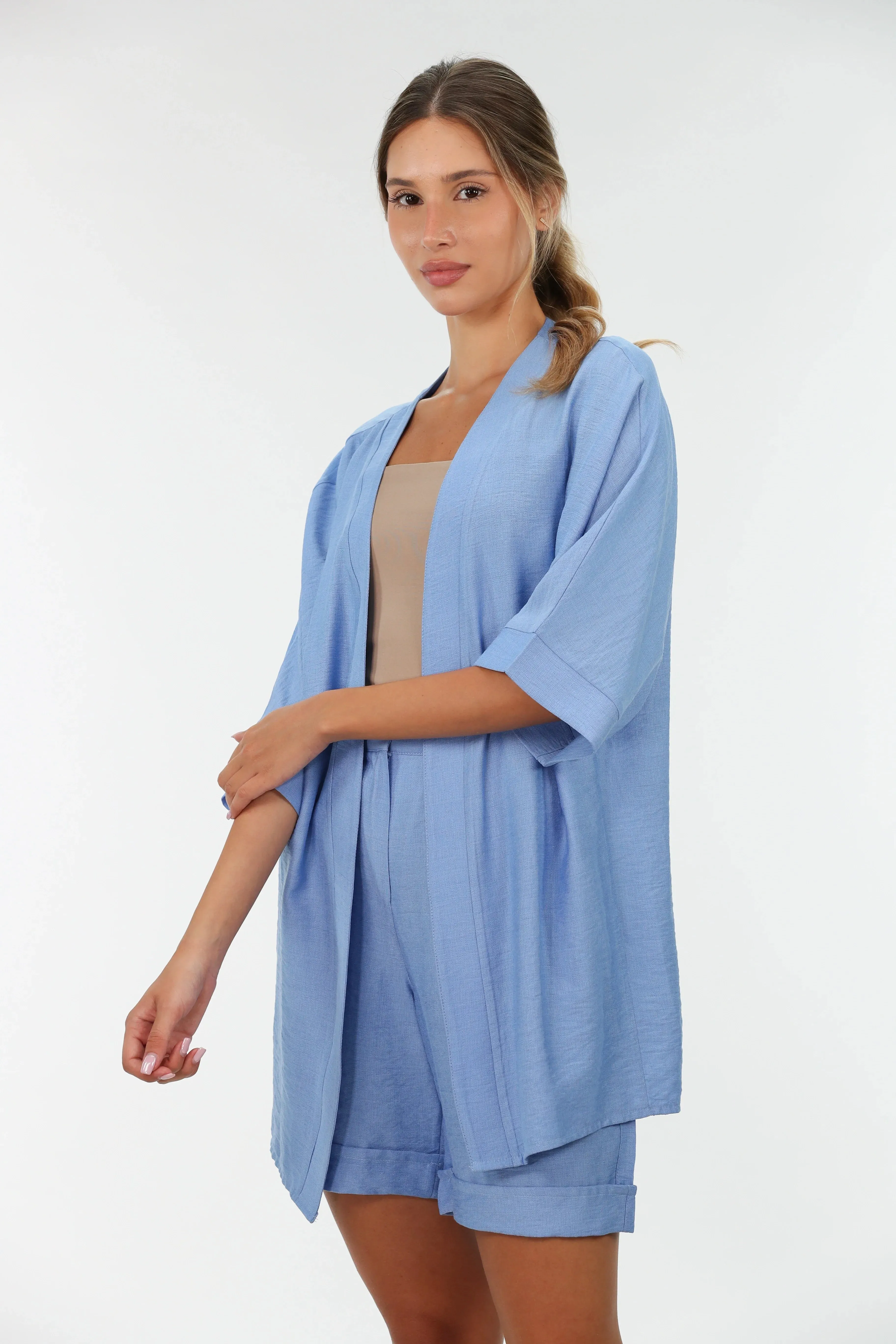 Blue Drop Shoulder Linen Cardigan