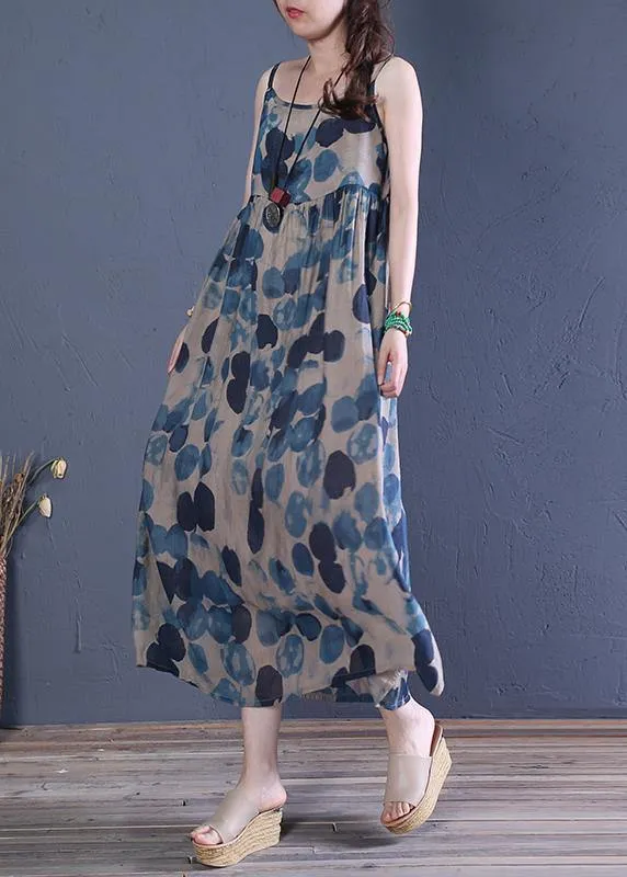 Bohemian Spaghetti Strap Cinched cotton dresses Runway blue print A Line Dress