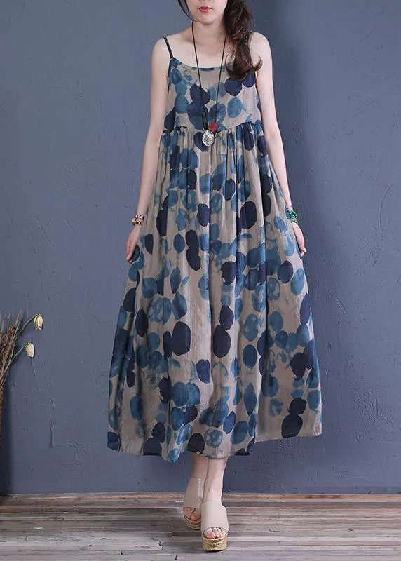 Bohemian Spaghetti Strap Cinched cotton dresses Runway blue print A Line Dress