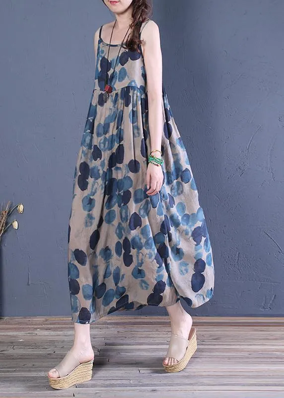 Bohemian Spaghetti Strap Cinched cotton dresses Runway blue print A Line Dress