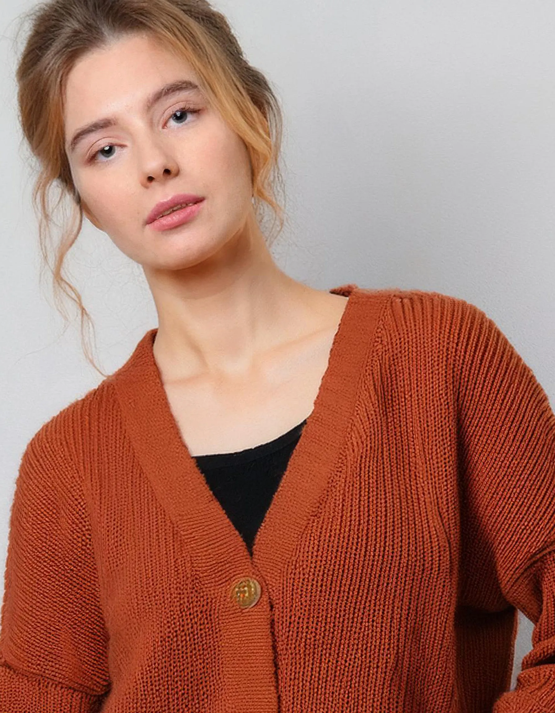 Burnt Orange V-Neck Cardigan