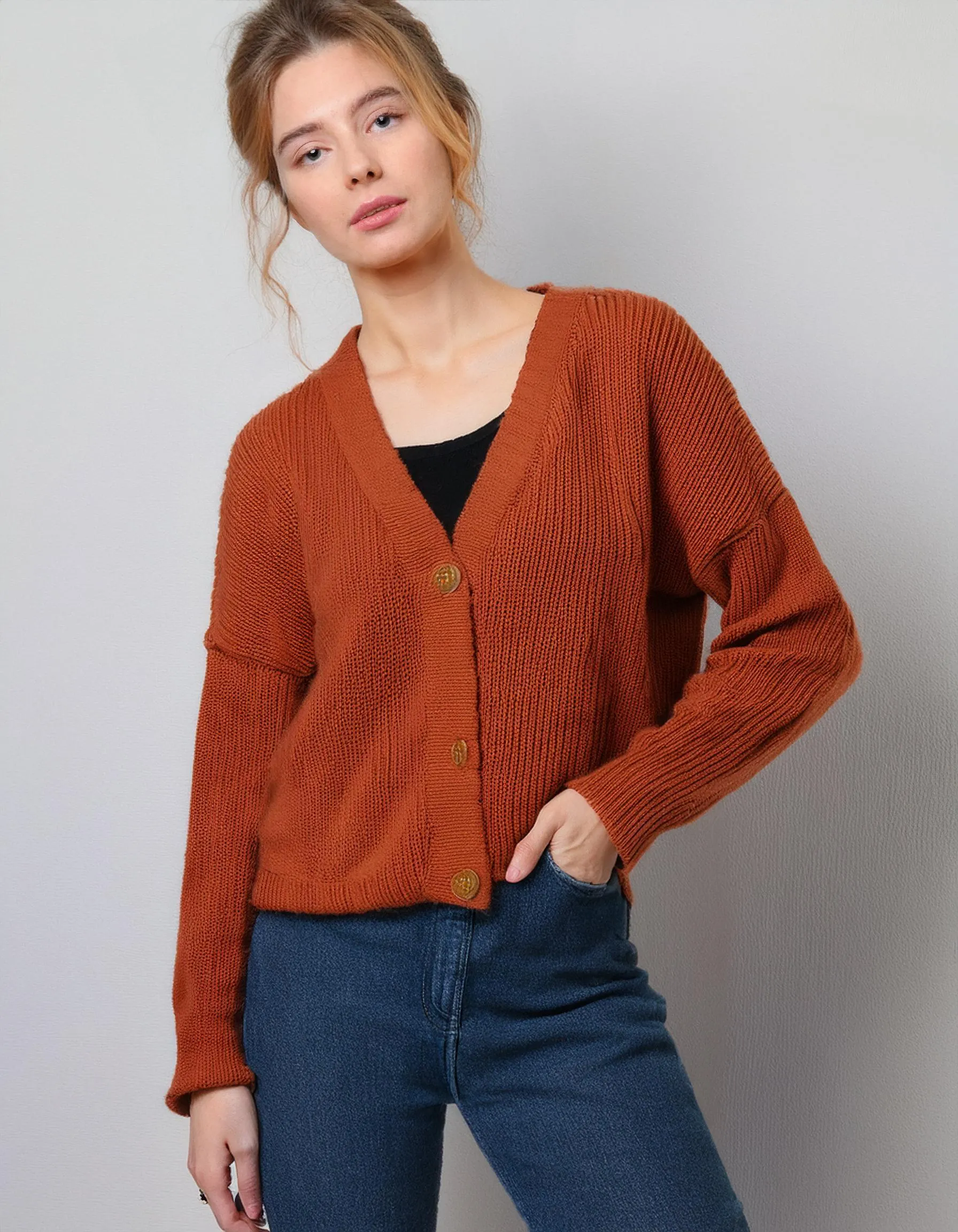 Burnt Orange V-Neck Cardigan