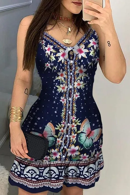 Button Floral Print Slip Dress