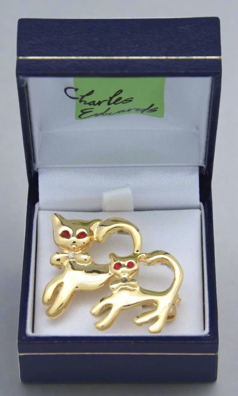 Cats with Red Eyes Gold Crystal Brooch / Scarf Pin