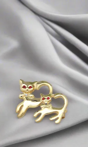 Cats with Red Eyes Gold Crystal Brooch / Scarf Pin