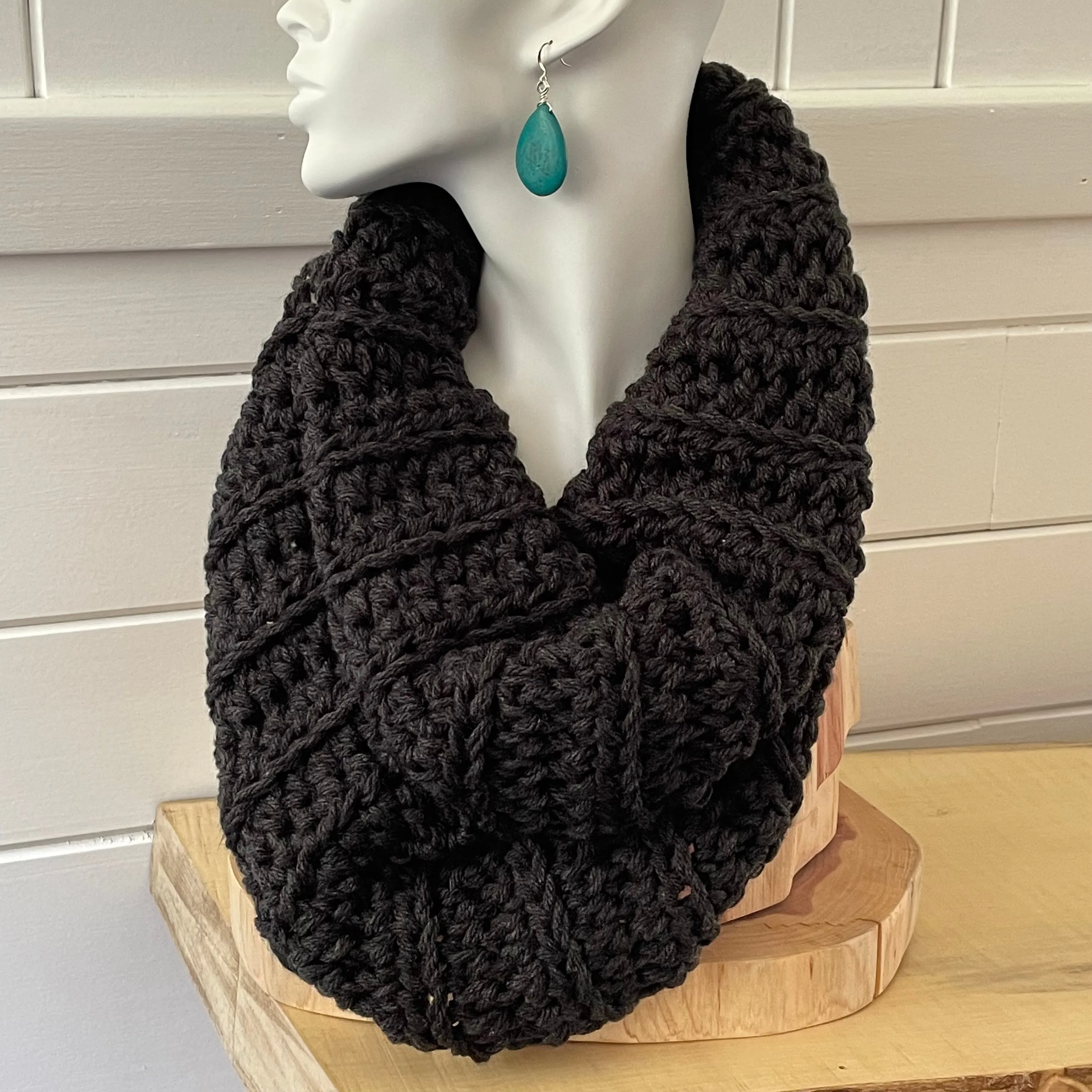 Charcoal Slate Grey Cowl Scarf Hand Crochet Knit Winter Fall Men Women Unisex Retro Vintage Style Handmade Gift Accessory