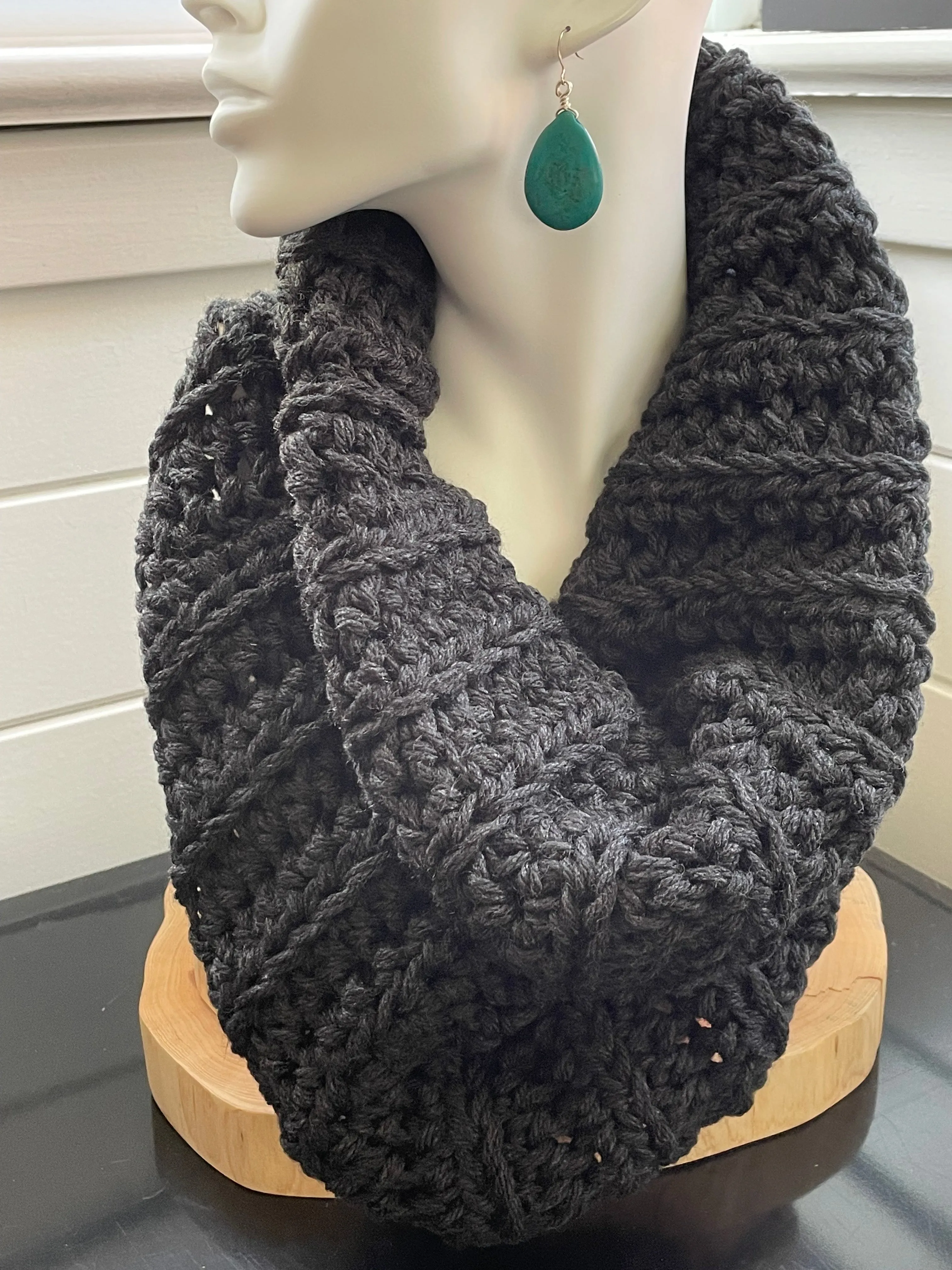 Charcoal Slate Grey Cowl Scarf Hand Crochet Knit Winter Fall Men Women Unisex Retro Vintage Style Handmade Gift Accessory